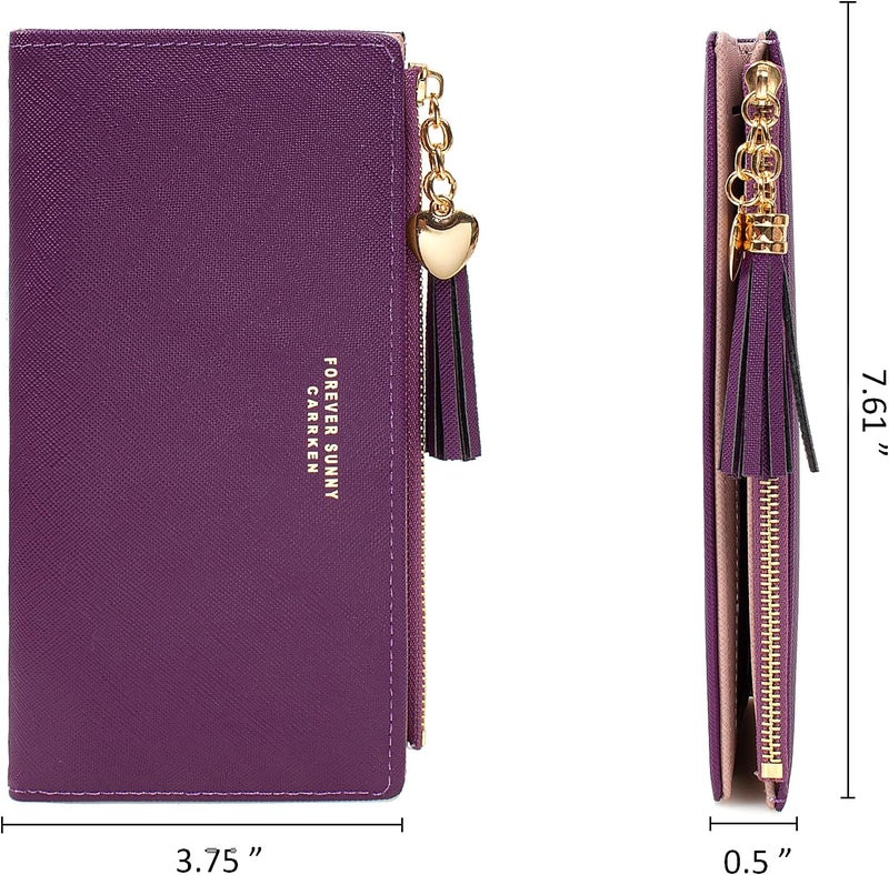 KOTORA Womens Slim Wallet Girls Thin Wallets Pretty Mini Long Card Holder Small Tiny Clutch Zip Purse Love Pendant Tassels Billfold (Purple) - Image 4